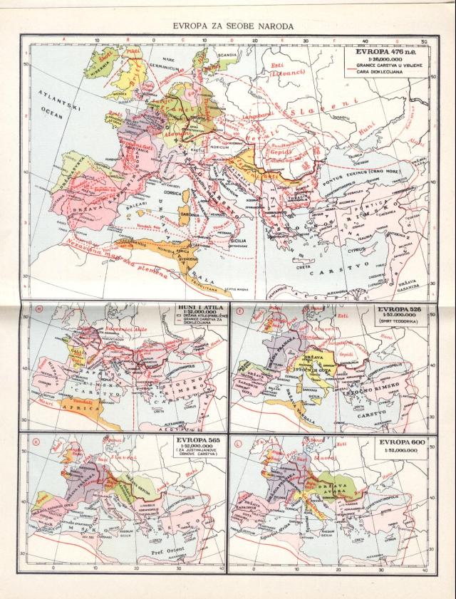 Evropa za seobe naroda; Evropa 476. n.e.; Huni i Atila; Evropa 526.; Evropa 565.; Evropa 600. 