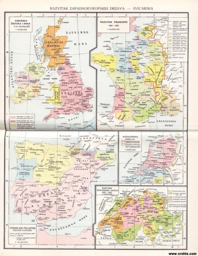 Razvitak Zapadnoevropskih država; Engleska, Škotska i Irska u 11. i 12. stoljeću; Razvitak Francuske 1180. - 1350.; Pirinejski poluotok početkom 12. stoljeća; Nizozemska nakon 1579.; Razvitak švicarskog saveza 1315. - 1797.