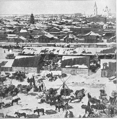 Tržnica krznom u Irbitu. U pojedinim dijelovima svijeta lov je i početkom 20. st. važna gospodarska djelatnost.