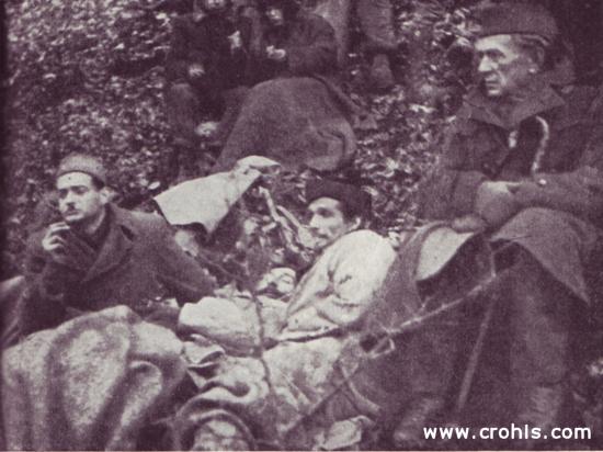 Delegacije Slovenije i Hrvatske na putu u Jajce. Delegati 2. zasjedanja AVNOJ-a na putu prema Jajcu odmaraju se u blizini Donjeg Lapca. Na slici krajnje desno nalazi se Ivan Ribar, ugledni hrvatski i jugoslavenski političar u doba kako Austro – Ugarske tako i kraljevine Jugoslavije. Ugodni, građanski život, već stariji političar zamijenio je lutanjima po brdima Like i Bosne. To nije bila jedina žrtva Ivana Ribara. U partizanskim redovima poginula su oba njegova sina (Jurica i Ivo). 