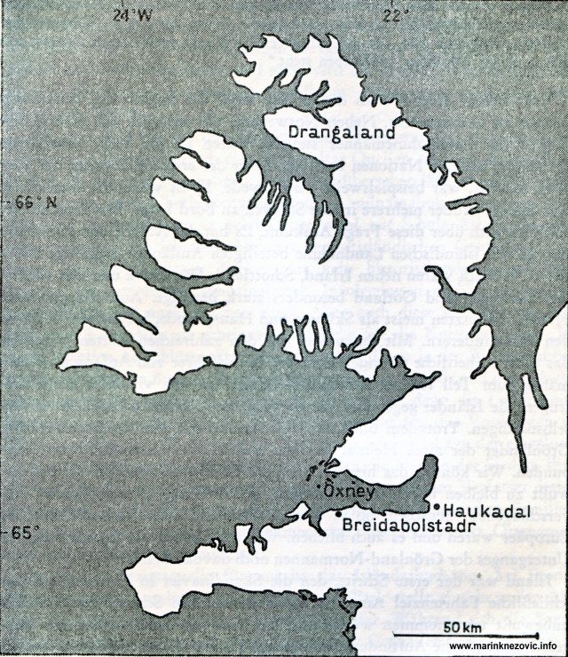 Island s mjestima koja su pripadala Erichu Crvenom u Drangalandu, Haukadalu, Oexneyu.