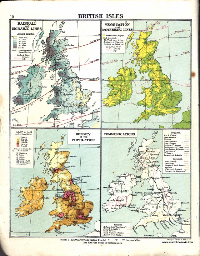 Britanski otoci, Linije padavina i isobara, Vegetacija i isotermalne linije, Gustoća stanovništva, Komunikacije / British Isles, Rainfall and isobaric lines, Vegetation and isothermal lines, Density of the Population, Communications. 