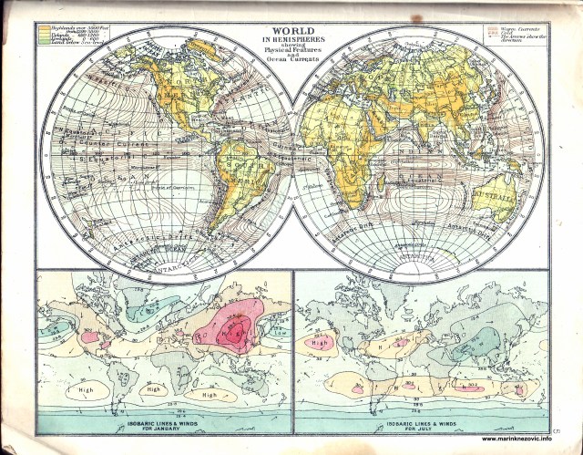 Svijet podjeljen na hemisfere s prikazom fizičkih obilježja i oceanskih struja. / World in hemispheres showing physical features and ocean currents. 