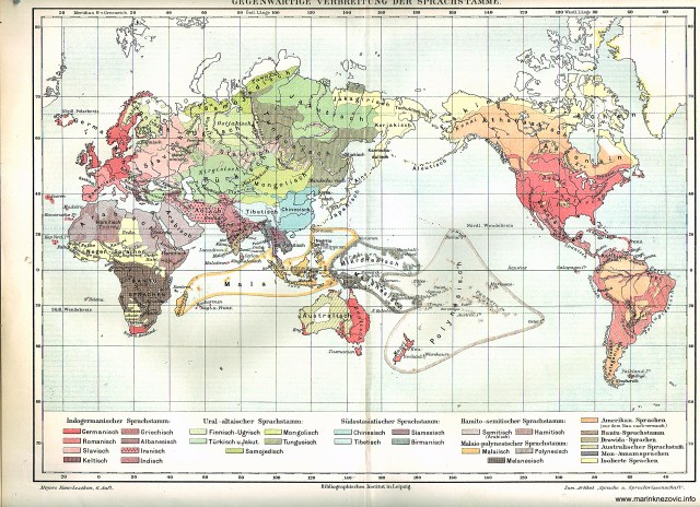 Sprachenkarte gegenwärtige Verbreitung der Sprachstämme / Karta raširenosti jezičnih obitelji