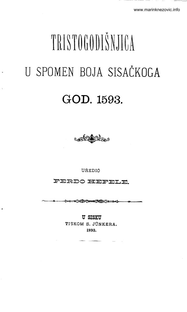 Ferdo Hefele Tristogodisnjica u spomen boja sisackoga god. 1593