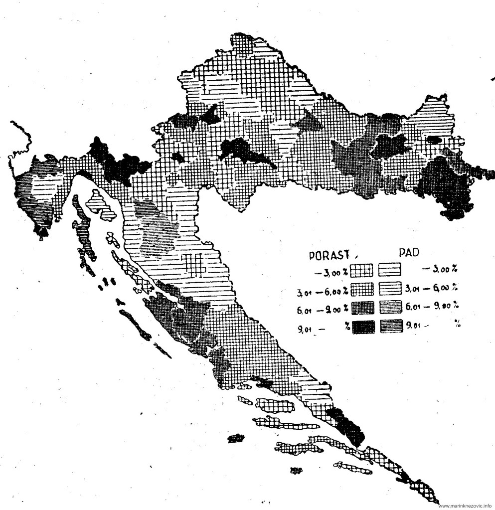 Područja rasta i pada stanovništva Narodne Republike Hrvatske.